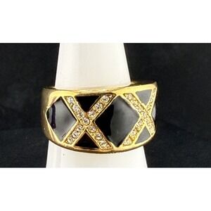 Vintage Avon Ring Double X Rhinestone Black Enamel Gold Tone Signed Size 7